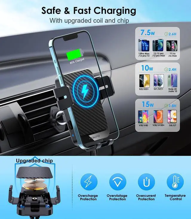 Alt view image 9 of 14 - Wireless Car Charger, 15W Fast Charging Auto-Clamping Car Charger Phone Mount Air Vent Cell Phone Holder Compatible iPhone 16/15/14/13/13 Pro/12 pro/12/11, Samsung Galaxy S23/S22/S21/S20, etc