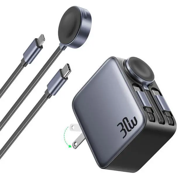 Alt view image 8 of 14 - HERRBOLAI 30W Retractable Charger 3 in 1, Wall Charger Block Fast Charging with Triple Retractable Charging Cables, Portable Travel Charger for iPhone 17-11, for Apple iWatch, Air Pods, Samsung, iPad