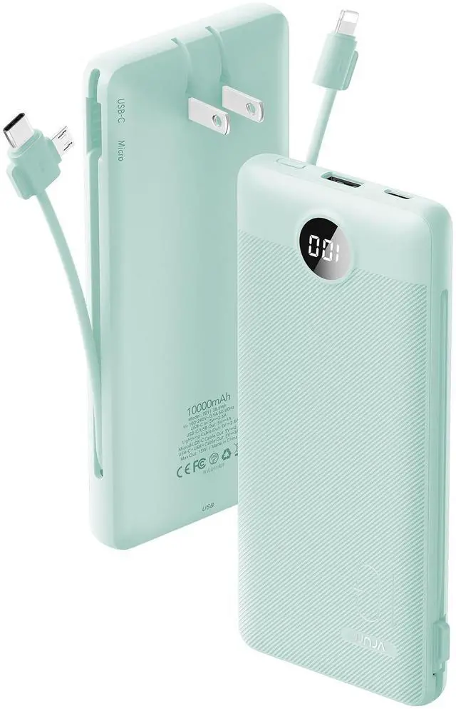 Alt view image 8 of 14 - Portable Charger Built-in Cables and AC Wall Plug, USB C Power Bank 10000mAh, Travel Battery Portable Phone Charger Compact Lightweight External Battery Pack for Smart Phones, Tablets etc-Green