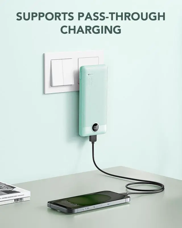 Alt view image 9 of 14 - Portable Charger Built-in Cables and AC Wall Plug, USB C Power Bank 10000mAh, Travel Battery Portable Phone Charger Compact Lightweight External Battery Pack for Smart Phones, Tablets etc-Green