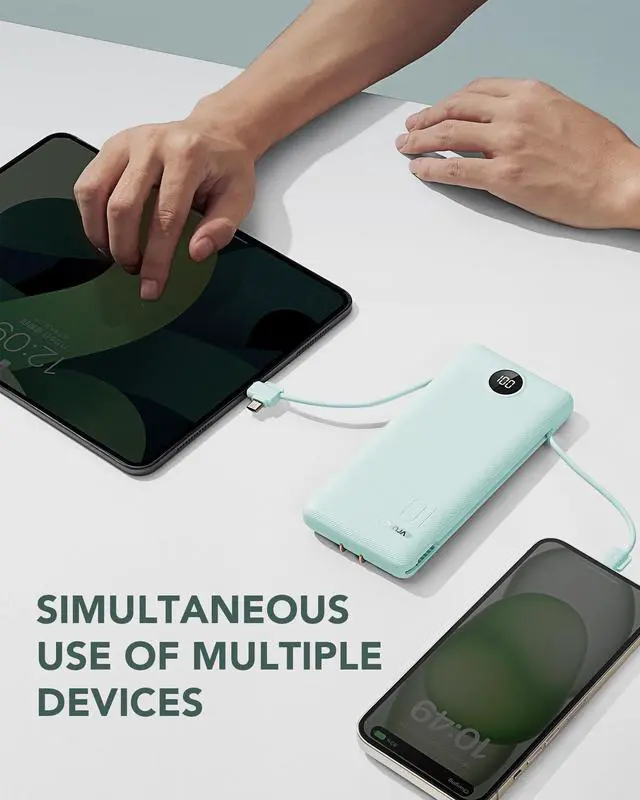 Alt view image 13 of 14 - Portable Charger Built-in Cables and AC Wall Plug, USB C Power Bank 10000mAh, Travel Battery Portable Phone Charger Compact Lightweight External Battery Pack for Smart Phones, Tablets etc-Green