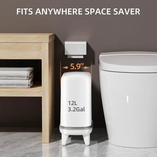 Alt view image 11 of 12 - Bathroom Trash Can with Lid, Vacuum Adsorption Small Garbage Can 3.2 Gallon Press Top Lid Trash Bin with Legs Waterproof Waste Basket for Bathroom Bedroom Office Home RV