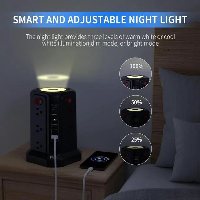 Alt view image 9 of 12 - Surge Protector Power Strip Tower with 5 USB Ports and Night Light, 10FT Extension Cord with 12 AC Multiple Outlets, Power Tower, Overload Protection for Home Office Dorm Room (Black)
