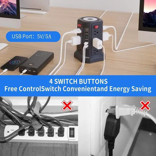 Alt view image 11 of 12 - Surge Protector Power Strip Tower with 5 USB Ports and Night Light, 10FT Extension Cord with 12 AC Multiple Outlets, Power Tower, Overload Protection for Home Office Dorm Room (Black)