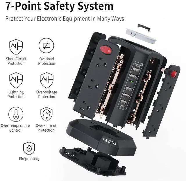 Alt view image 10 of 12 - Surge Protector Power Strip Tower with 5 USB Ports and Night Light, 10FT Extension Cord with 12 AC Multiple Outlets, Power Tower, Overload Protection for Home Office Dorm Room (Black)