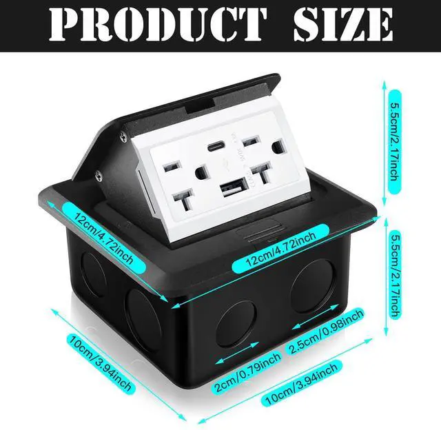 Alt view image 8 of 12 - Pop up Floor Outlet Floor Kit Waterproof Electrical Outlet Cover Box with 4.8A USB A & Type C Charge and 20 Amp Tamper Resistant Plug Receptacle Box for Countertop Office Home(Black)
