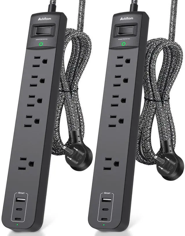 Alt view image 8 of 14 - 2 Pack Power Strip Surge Protector - 5 Widely Spaced Outlets 3 USB Charging Ports, 1875W/15A 6Ft Braided Extension Cord, Flat Plug Overload Protection, Wall Mount for Home Office Dorm Room Essentials