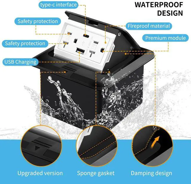 Alt view image 9 of 14 - Recessed Floor Electrical Outlet Kit, Waterproof Electrical Outlet Cover Box, Hidden 4.8A USB A+C, 20A Tamper-Resistant Receptacle Outlet with Slow Elastic Damping, UL Certified, Black