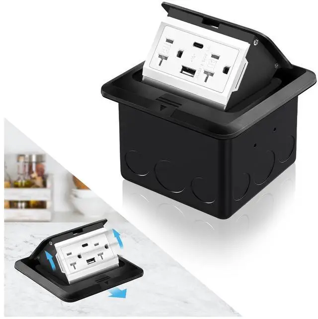 Alt view image 8 of 14 - Recessed Floor Electrical Outlet Kit, Waterproof Electrical Outlet Cover Box, Hidden 4.8A USB A+C, 20A Tamper-Resistant Receptacle Outlet with Slow Elastic Damping, UL Certified, Black