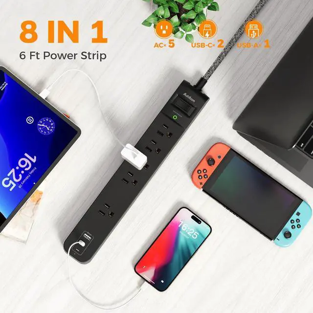Alt view image 9 of 14 - 2 Pack Power Strip Surge Protector - 5 Widely Spaced Outlets 3 USB Charging Ports, 1875W/15A 6Ft Braided Extension Cord, Flat Plug Overload Protection, Wall Mount for Home Office Dorm Room Essentials