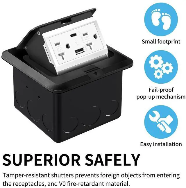 Alt view image 10 of 14 - Recessed Floor Electrical Outlet Kit, Waterproof Electrical Outlet Cover Box, Hidden 4.8A USB A+C, 20A Tamper-Resistant Receptacle Outlet with Slow Elastic Damping, UL Certified, Black