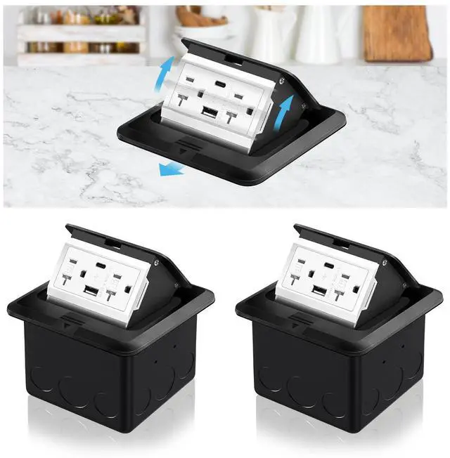 Alt view image 14 of 14 - Recessed Floor Electrical Outlet Kit, Waterproof Electrical Outlet Cover Box, Hidden 4.8A USB A+C, 20A Tamper-Resistant Receptacle Outlet with Slow Elastic Damping, UL Certified, Black