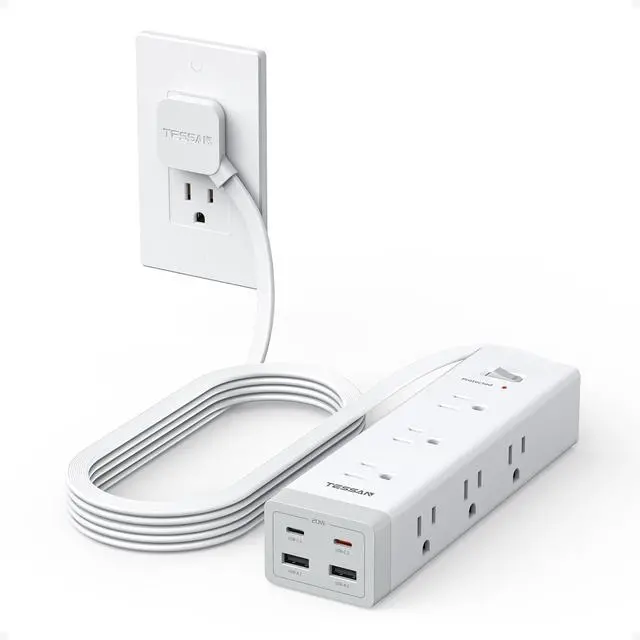 Alt view image 8 of 14 - Surge Protector Power Strip PD 20W, Ultra Thin Flat Plug 10 FT Extension Cord, 9 Outlets 4 USB(2 USB C), 1050J Protection Multiple Outlets Charging Station for Home, Office, College Dorm Room