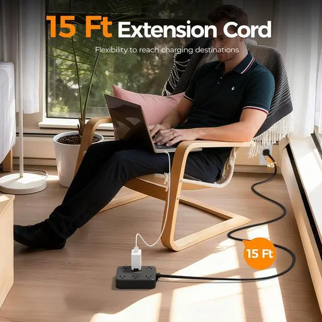 Alt view image 11 of 14 - 15Ft Black Extension Cord with Multiple Outlets, Surge Protector Power Strip with 6 Outlets and 4 USB Ports (2 USB C), 2100 Joules Protection, Flat Plug, Outlet Extender for Home, Office, Dorm