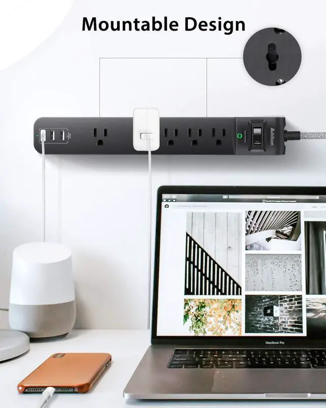 Alt view image 14 of 14 - 10Ft Long Surge Protector Power Strip - Extension Cord with Multiple Outlets, 5 Widely Outlets 3 USB Charging Ports, Flat Plug Overload Surge Protection, Wall Mount for Home, Office ETL Listed, 2 Pack