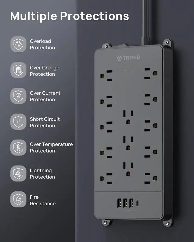 Alt view image 14 of 14 - Surge Protector Power Strip 15 ft Cord - Long Extension Cord, 13 Widely-Spaced Outlets Expansion with USB C Ports, 4000 Joules, Flat Plug, Wall Mount, ETL Listed, Office Desk Accessory, Black