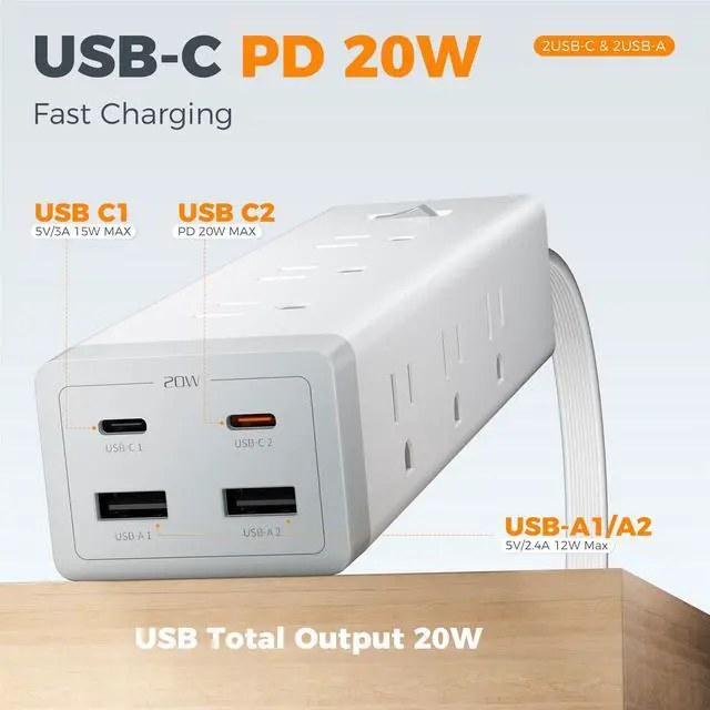 Alt view image 10 of 14 - Surge Protector Power Strip PD 20W, Ultra Thin Flat Plug 10 FT Extension Cord, 9 Outlets 4 USB(2 USB C), 1050J Protection Multiple Outlets Charging Station for Home, Office, College Dorm Room