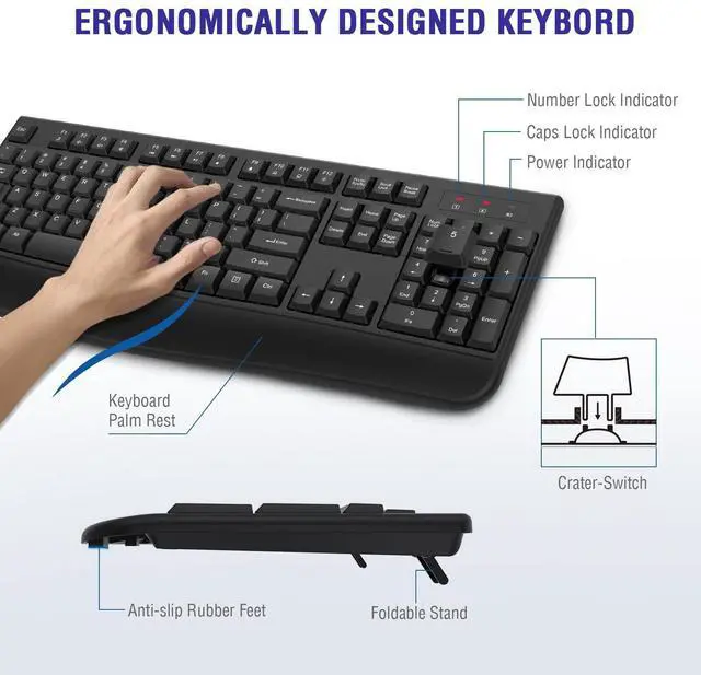 Alt view image 10 of 14 - Wireless Keyboard, 2.4G Full-Sized Ergonomic Wireless Computer Keyboard with Wrist Rest for Windows, Mac OS Laptop/PC/Desktop/Notebook(Black)