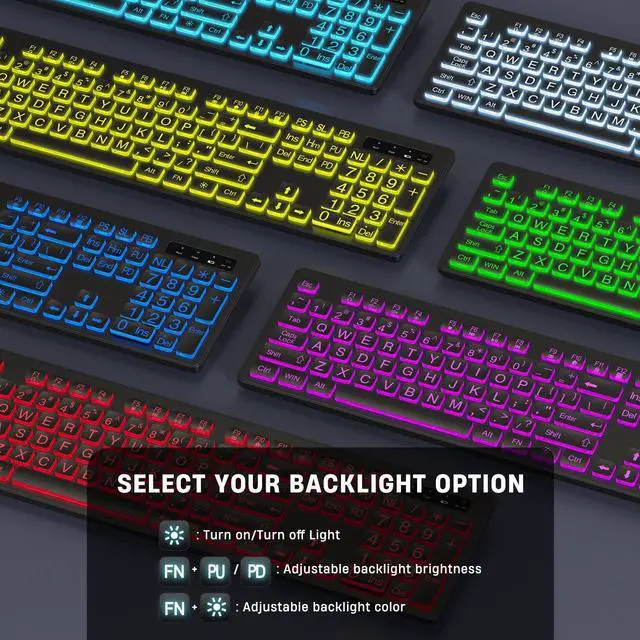 Alt view image 9 of 14 - Large Print Backlit Wireless Keyboard, 2.4G Silent Wireless Light Up Keyboard, Full Size Computer Keyboards with 7 Colored Backlits, Rechargeable Keyboards for Windows, PC, Laptop