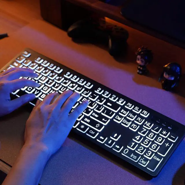 Alt view image 13 of 14 - Large Print Backlit Wireless Keyboard, 2.4G Silent Wireless Light Up Keyboard, Full Size Computer Keyboards with 7 Colored Backlits, Rechargeable Keyboards for Windows, PC, Laptop
