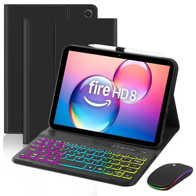 Alt view image 8 of 14 - Case with Keyboard Mouse for Amazon Kindle Fire HD 8&8 Plus (2020&2022) 8 inch,7 Color Rainbow Backlit Detachable Keyboard Magnetic Case for HD 8 10th/12th Gen-Black