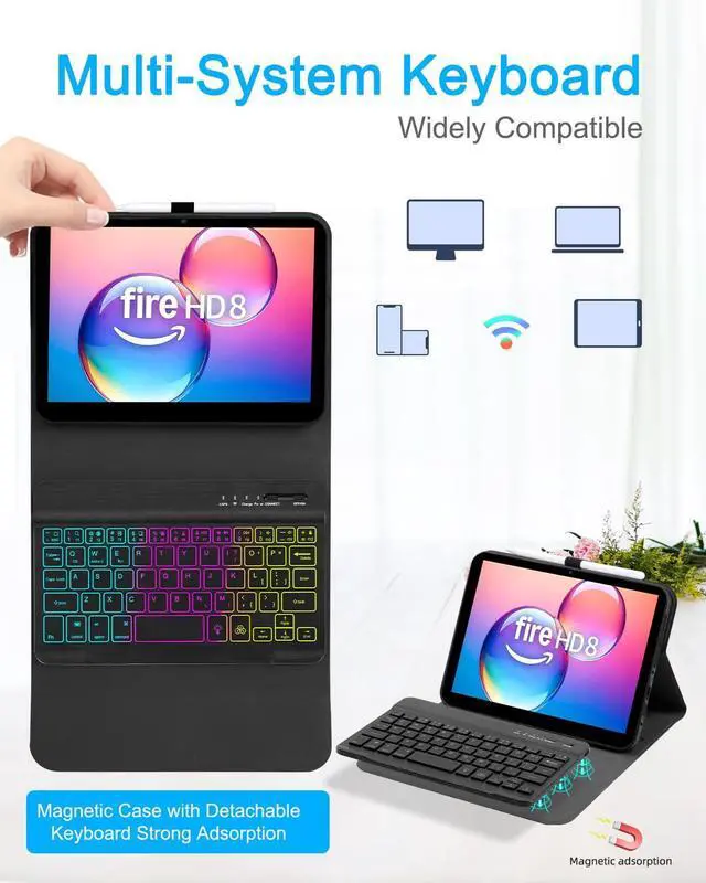 Alt view image 13 of 14 - Case with Keyboard Mouse for Amazon Kindle Fire HD 8&8 Plus (2020&2022) 8 inch,7 Color Rainbow Backlit Detachable Keyboard Magnetic Case for HD 8 10th/12th Gen-Black