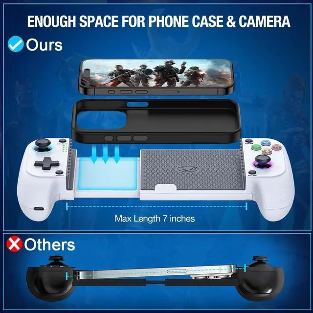 Alt view image 9 of 14 - MC1 Phone Controller for iPhone/Android Support Phone Case, Hall Effect Joysticks, Wireless Mobile Gaming Controller with 8-Color RGB Lighting, Turbo, Triggers, KeyLinker App