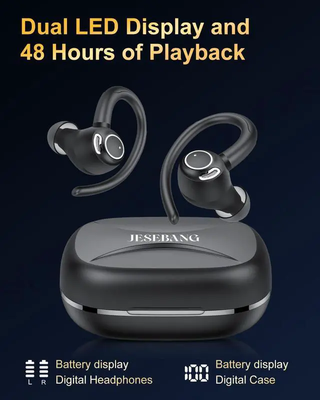 Alt view image 12 of 14 - Wireless Earbuds, Bluetooth 5.4 Headphones Sport, Over Ear Buds With ENC Noise Cancelling Mic, 48H, Wireless Earphone With Earhooks, Stereo Deep Bass, IP7 Waterproof ear bud for Workout Running, Black