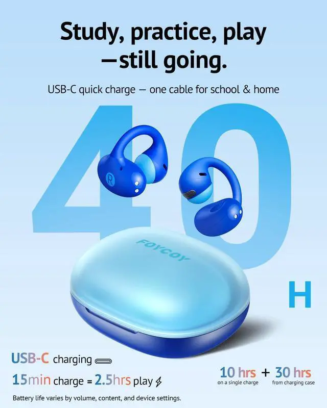 Alt view image 7 of 8 - Kids Open Ear Earbuds - Clip-On Earbuds - 85 dB Volume Limit - Bluetooth 6.0, Built-in Mic, 40H Playtime, Silicone Pads, IPX5, Small Ears and Glasses Friendly, Ages 6-14, Blue