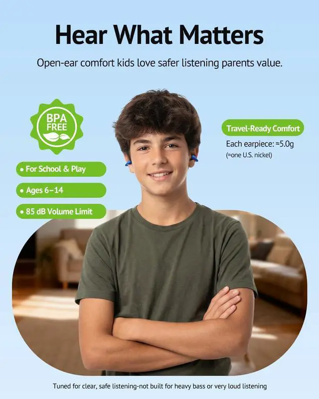 Alt view image 8 of 8 - Kids Open Ear Earbuds - Clip-On Earbuds - 85 dB Volume Limit - Bluetooth 6.0, Built-in Mic, 40H Playtime, Silicone Pads, IPX5, Small Ears and Glasses Friendly, Ages 6-14, Blue