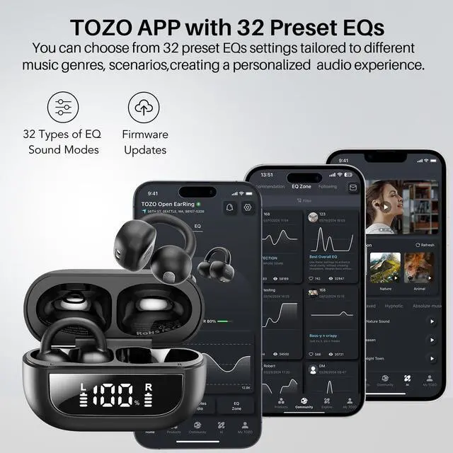 Alt view image 14 of 14 - OpenEarRing True Open Ear Earbuds, Lightweight Comfort Open Ear Clip Wireless Earbuds, 40H Play Bluetooth 5.4 Headphones with Smart Digital Display Design Fit Sports Running, Workout Black