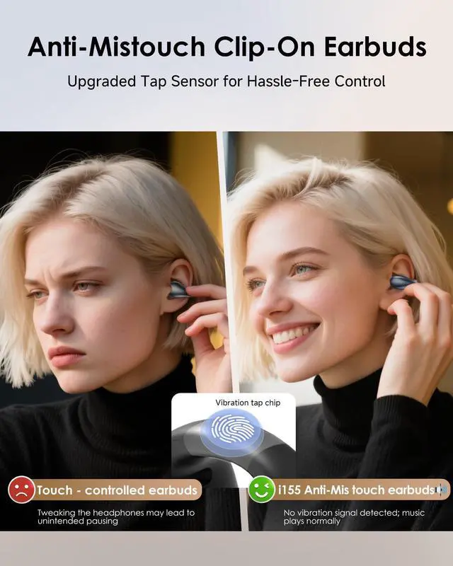 Alt view image 11 of 14 - Clip-On Earbuds,Comfort Air Cushion Open Ear Earbuds Wireless Bluetooth 5.4 Multipoint, Open Ear Headphones with Mic,Anti-Mistouch,45H Playtime,IP56 Waterproof for Sports,Small Ears&Sleep