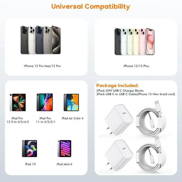 Alt view image 13 of 14 - Charger for iPhone 17/16/15 Charger,Fast Charging iPhone 17/16/15 2Pack Type C Wall Adapter USB C Chargers Block 6FT USB-C to C Woven Cable for Apple iPhone 17 ProMax/Air/16 Plus/15,iPad Pro/Air/Mini