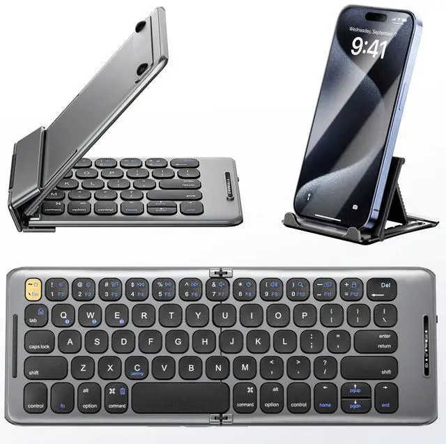 Alt view image 8 of 14 - Foldable Bluetooth Keyboard with Stand Holder, Rechargeable Pocket Size Folding Travel Keyboard for iPhone, iPad, Tablet, Laptop, Smartphone, B088