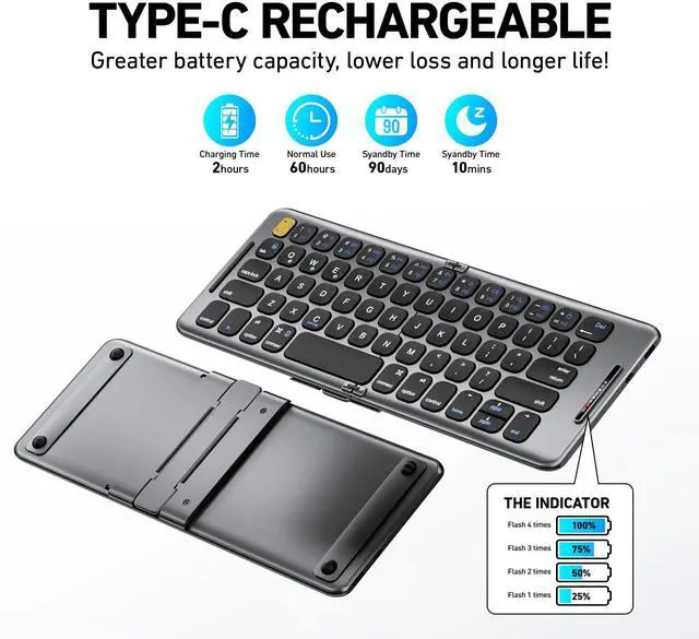Alt view image 11 of 14 - Foldable Bluetooth Keyboard with Stand Holder, Rechargeable Pocket Size Folding Travel Keyboard for iPhone, iPad, Tablet, Laptop, Smartphone, B088