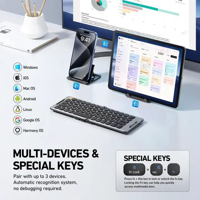 Alt view image 10 of 14 - Foldable Bluetooth Keyboard with Stand Holder, Rechargeable Pocket Size Folding Travel Keyboard for iPhone, iPad, Tablet, Laptop, Smartphone, B088