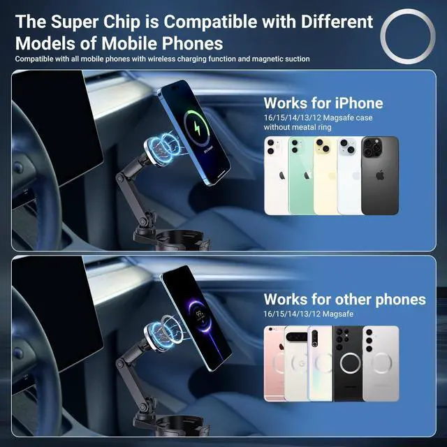 Alt view image 14 of 14 - for Magnetic Cup Holder Charger, 360° Rotating Wireless Magnetic Car Charger, Fast Charging Phone Holder for iPhone 17 16 15 14 13 12 and Samsung Galaxy S20 Above Series [With QC 3.0 Adapter