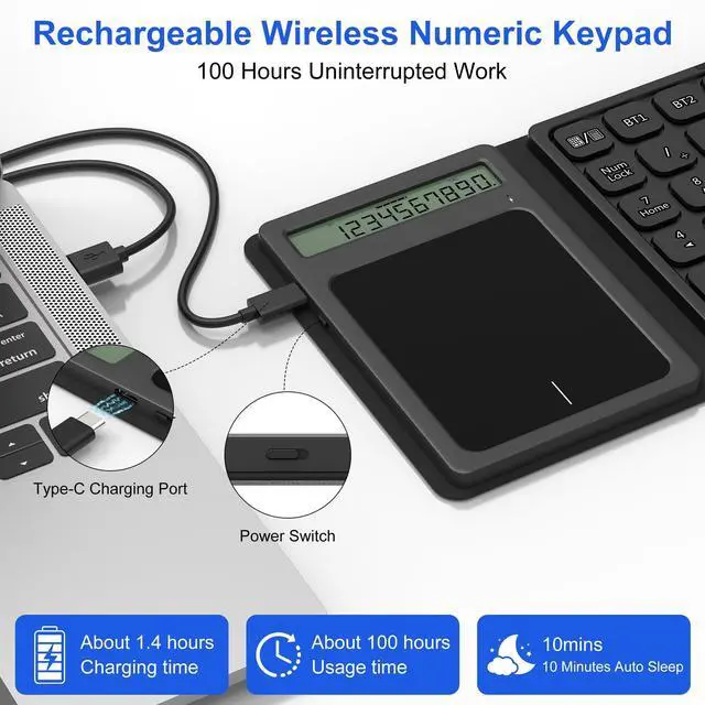 Alt view image 9 of 14 - Bluetooth Number Pad Touchpad with Calculator - Rechargeable Folding Portable Wireless Numeric Keypad 23-Keys, Large Trackpad Bluetooth Travel Numpad Data Entry & Calculation & Trackpad Mouse 3 in 1