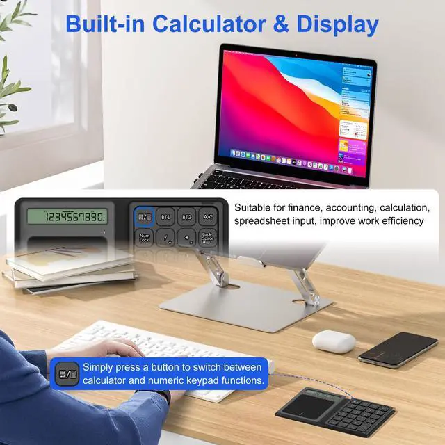 Alt view image 11 of 14 - Bluetooth Number Pad Touchpad with Calculator - Rechargeable Folding Portable Wireless Numeric Keypad 23-Keys, Large Trackpad Bluetooth Travel Numpad Data Entry & Calculation & Trackpad Mouse 3 in 1