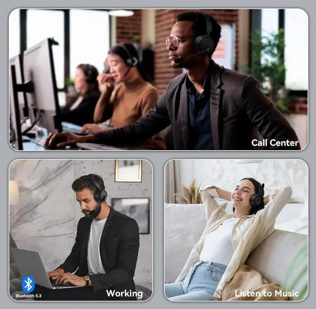 Alt view image 14 of 14 - Bluetooth Headset with Microphone, 60 Hrs Working Time Dual Connection Bluetooth Headphones with Mic, Wireless Headset with Mic for Work/Video Meetings/Phone/Call Center/PC/Music/Zoom/Teams