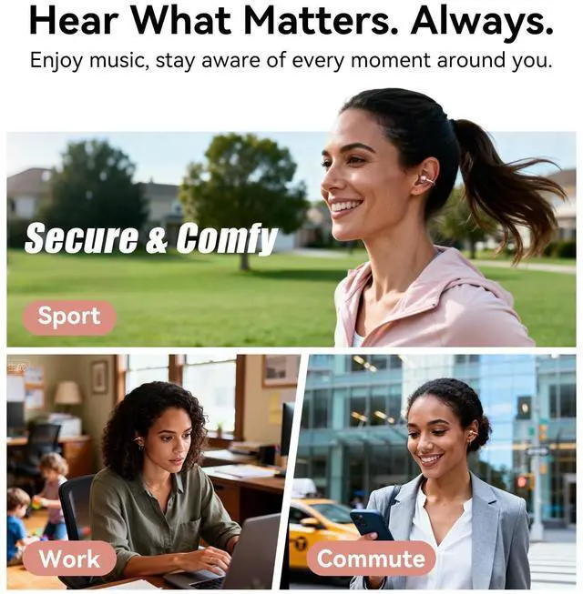 Alt view image 11 of 14 - Upgraded Clip-On Earbuds Comfortable fit & Crystal-Clear Sound, 50H Playtime Open Ear Buds Bluetooth 6.0 Wireless Headphones for Women & Kids Ideal for Small Ears,Sports,Glasses Rose Gold