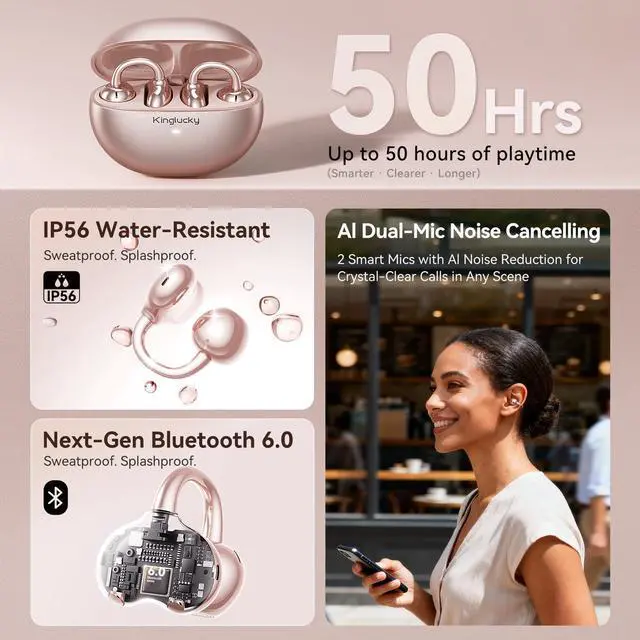 Alt view image 13 of 14 - Upgraded Clip-On Earbuds Comfortable fit & Crystal-Clear Sound, 50H Playtime Open Ear Buds Bluetooth 6.0 Wireless Headphones for Women & Kids Ideal for Small Ears,Sports,Glasses Rose Gold