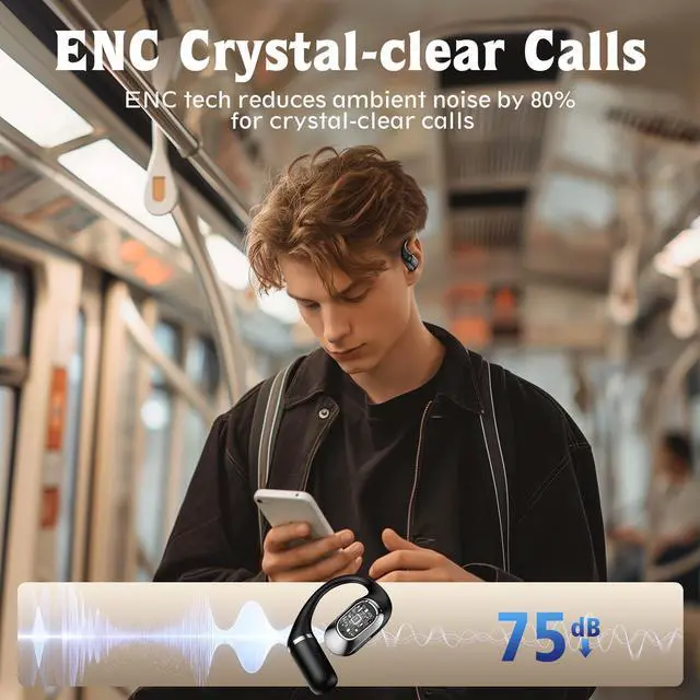 Alt view image 13 of 14 - Open Ear Headphones,Over Ear Earbuds with Ergonomic Earhook,Bluetooth Headphones 5.4 with Smart Digital Display,40H Playtime,IPX6 Waterproof,Touch Control Operate Fit Cycling,Running,Workout