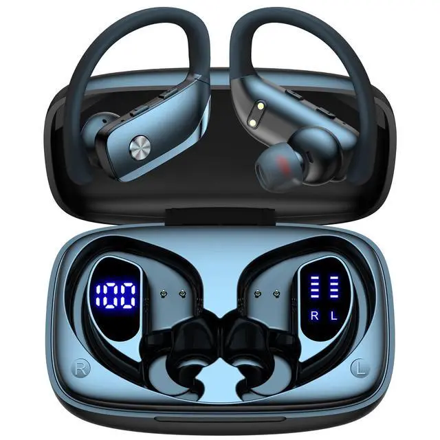 Alt view image 7 of 12 - Ear Buds Wireless Earbuds Bluetooth Headphones with 80H Playtime LED Display Case, Over-Ear Hook with Mic, Stereo Sound, Easy Button Controls, Sports Earphones for Running Workout Gym Black