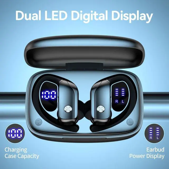 Alt view image 8 of 12 - Ear Buds Wireless Earbuds Bluetooth Headphones with 80H Playtime LED Display Case, Over-Ear Hook with Mic, Stereo Sound, Easy Button Controls, Sports Earphones for Running Workout Gym Black