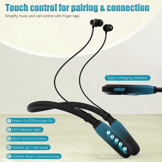 Alt view image 11 of 14 - Neckband Bluetooth Headphones, 200H Extra Long Playtime Wireless Stereo Neckband Earbuds with Microphone, Waterproof Balanced Armature Drivers in Ear Headset for Sports/Workout (Cyan Green)
