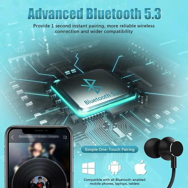 Alt view image 10 of 14 - Neckband Bluetooth Headphones, 200H Extra Long Playtime Wireless Stereo Neckband Earbuds with Microphone, Waterproof Balanced Armature Drivers in Ear Headset for Sports/Workout (Cyan Green)