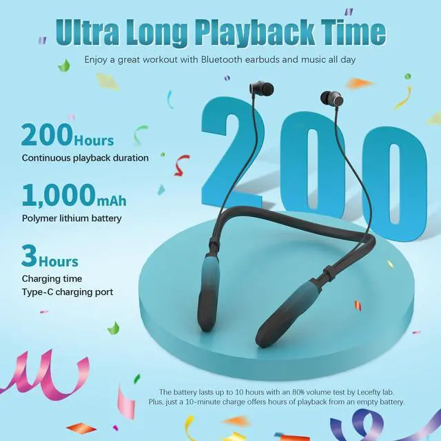 Alt view image 14 of 14 - Neckband Bluetooth Headphones, 200H Extra Long Playtime Wireless Stereo Neckband Earbuds with Microphone, Waterproof Balanced Armature Drivers in Ear Headset for Sports/Workout (Cyan Green)