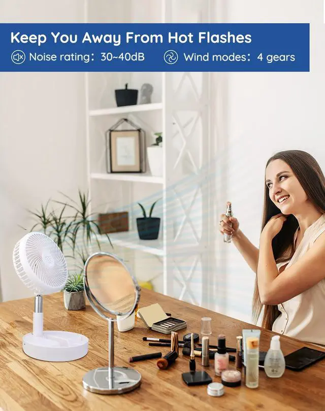 Alt view image 11 of 14 - Battery Operated Fan,Portable Rechargeable USB Floor Table Desk Fan with Adjustable Height, 4 Speed Settings Pedestal Fan for Bedroom Camping Travel,White 7.7"