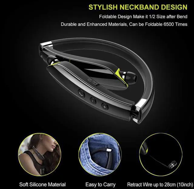 Alt view image 9 of 14 - Bluetooth Headphones, Upgraded Foldable Wireless Neckband Headset with Retractable Earbuds, Noise Cancelling Stereo Earphones with Mic for Workout, Running, Driving (with Carry Case)